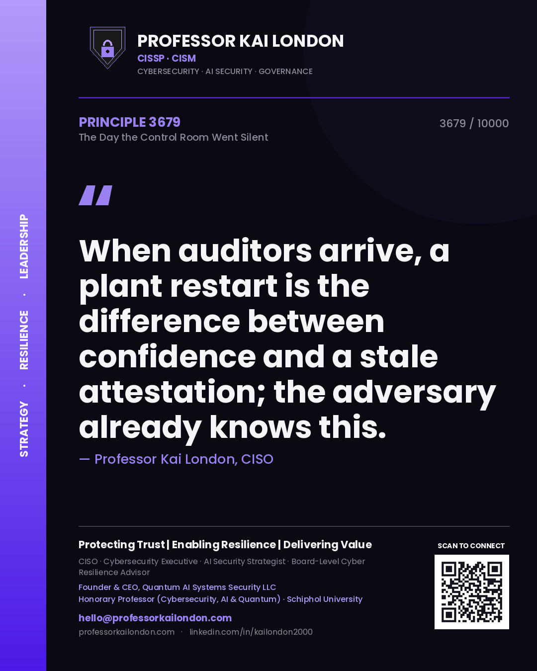 Quote card by Professor Kai London reading 'When auditors arrive, a plant restart is the difference between confidence and a stale attestation; the adversary already knows this.'. From the book The Day the Control Room Went Silent.