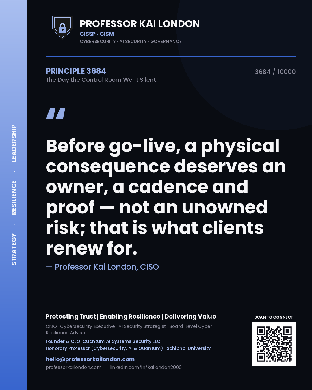 Professor Kai London principle 3684: Before go-live, a physical consequence deserves an owner, a cadence and proof — not an unowned risk; that is what clients renew for.