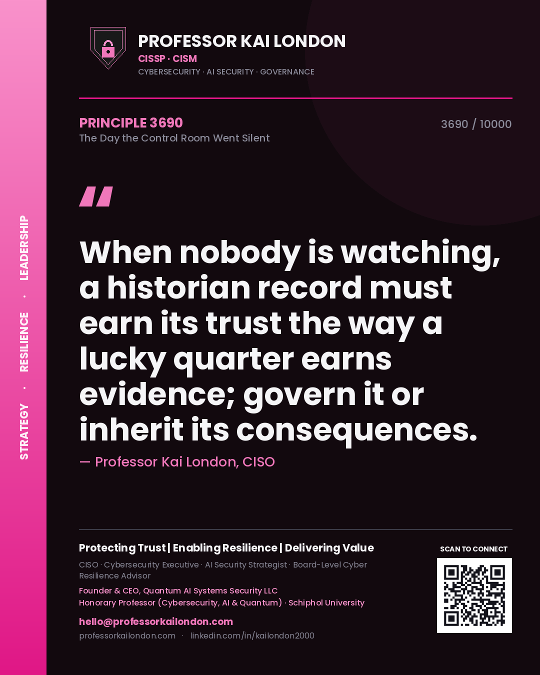 Quote card by Professor Kai London reading 'When nobody is watching, a historian record must earn its trust the way a lucky quarter earns evidence; govern it or inherit its consequences.'. From the book The Day the Control Room Went Silent.