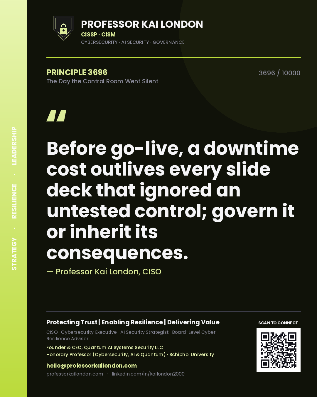 Professor Kai London principle 3696: Before go-live, a downtime cost outlives every slide deck that ignored an untested control; govern it or inherit its consequences.