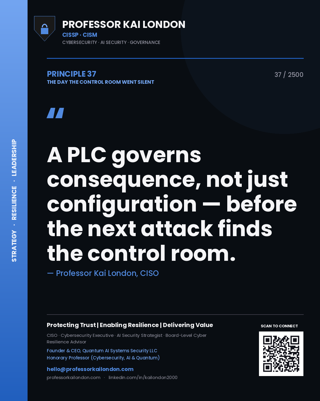 Professor Kai London principle 37: A PLC governs consequence, not just configuration — before the next attack finds the control room.
