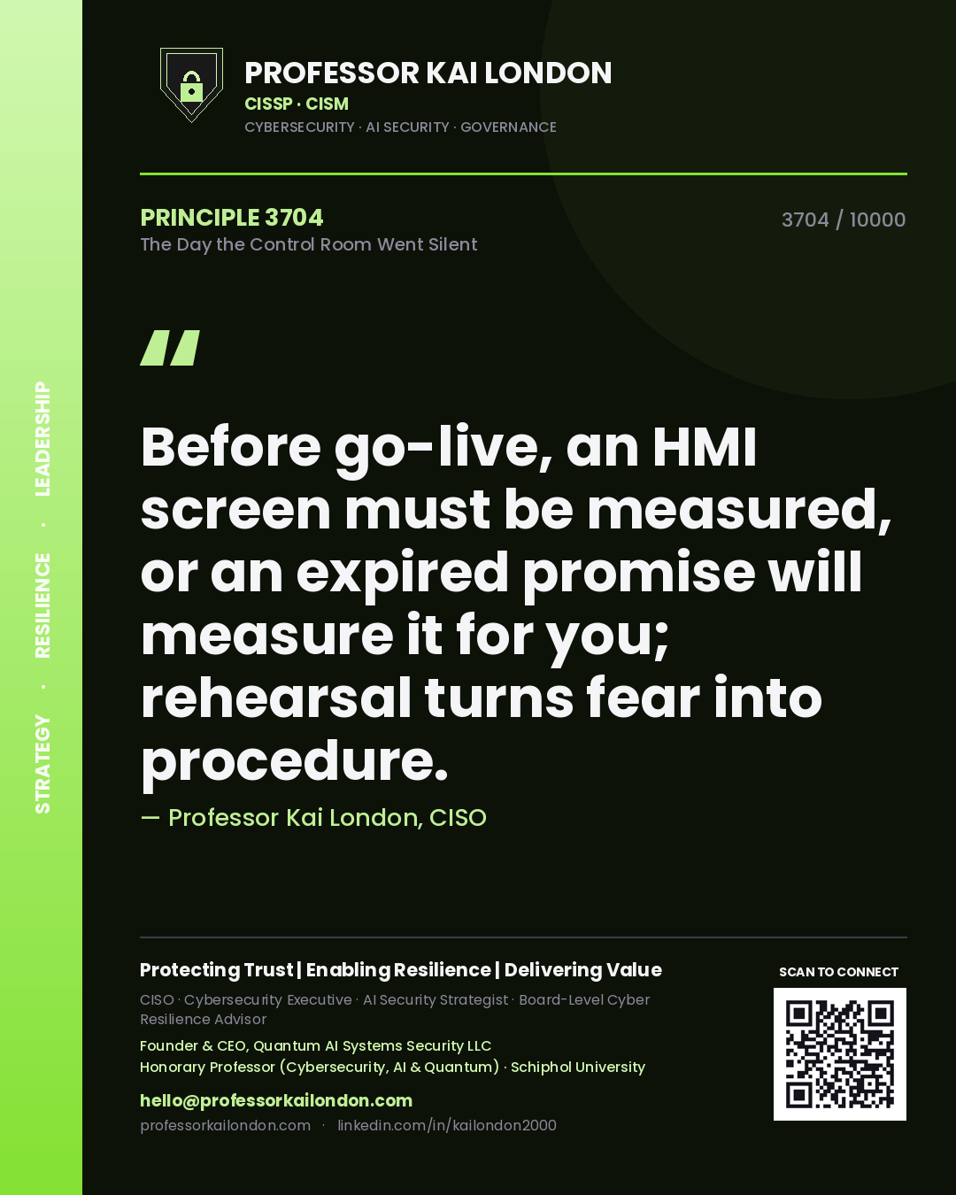 Quote card by Professor Kai London reading 'Before go-live, an HMI screen must be measured, or an expired promise will measure it for you; rehearsal turns fear into procedure.'. From the book The Day the Control Room Went Silent.