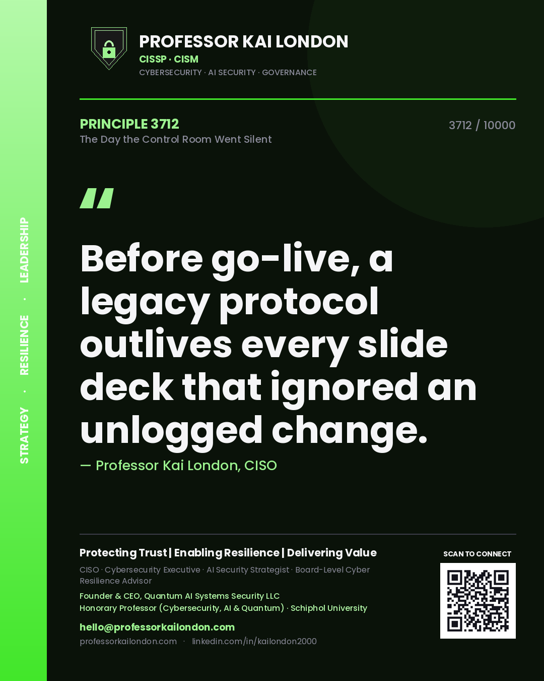 Professor Kai London principle 3712: Before go-live, a legacy protocol outlives every slide deck that ignored an unlogged change.