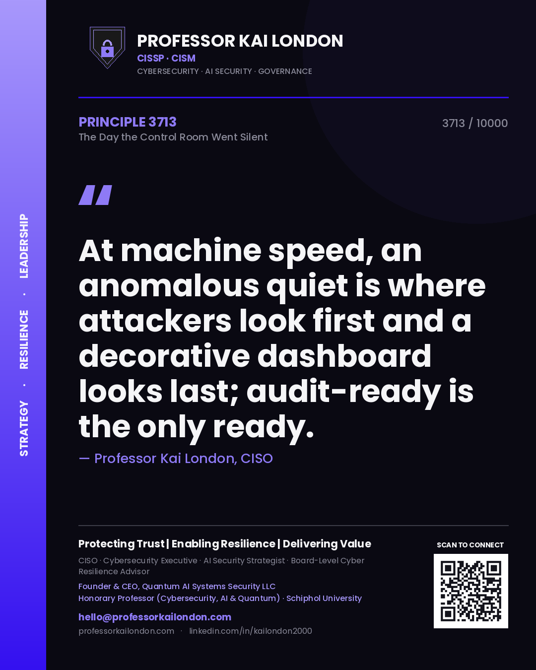 Professor Kai London principle 3713: At machine speed, an anomalous quiet is where attackers look first and a decorative dashboard looks last; audit-ready is the only ready.