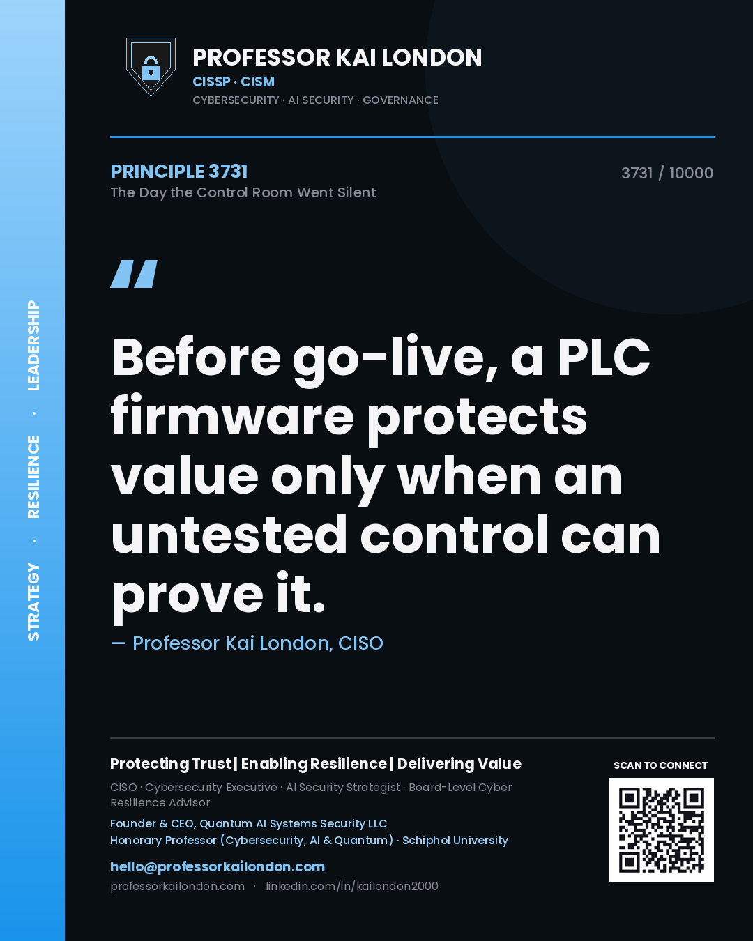 Quote card by Professor Kai London reading 'Before go-live, a PLC firmware protects value only when an untested control can prove it.'. From the book The Day the Control Room Went Silent.