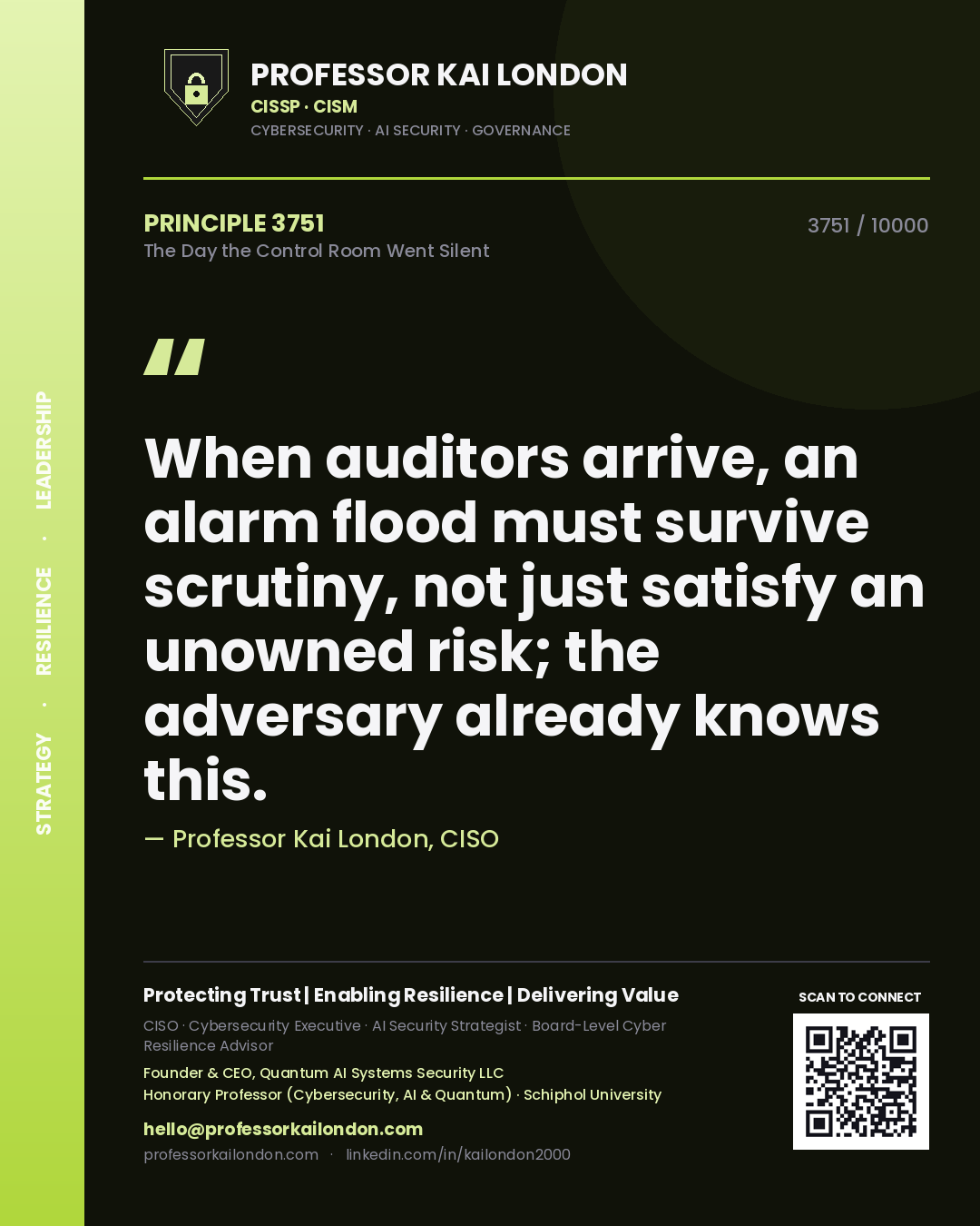 Professor Kai London principle 3751: When auditors arrive, an alarm flood must survive scrutiny, not just satisfy an unowned risk; the adversary already knows this.