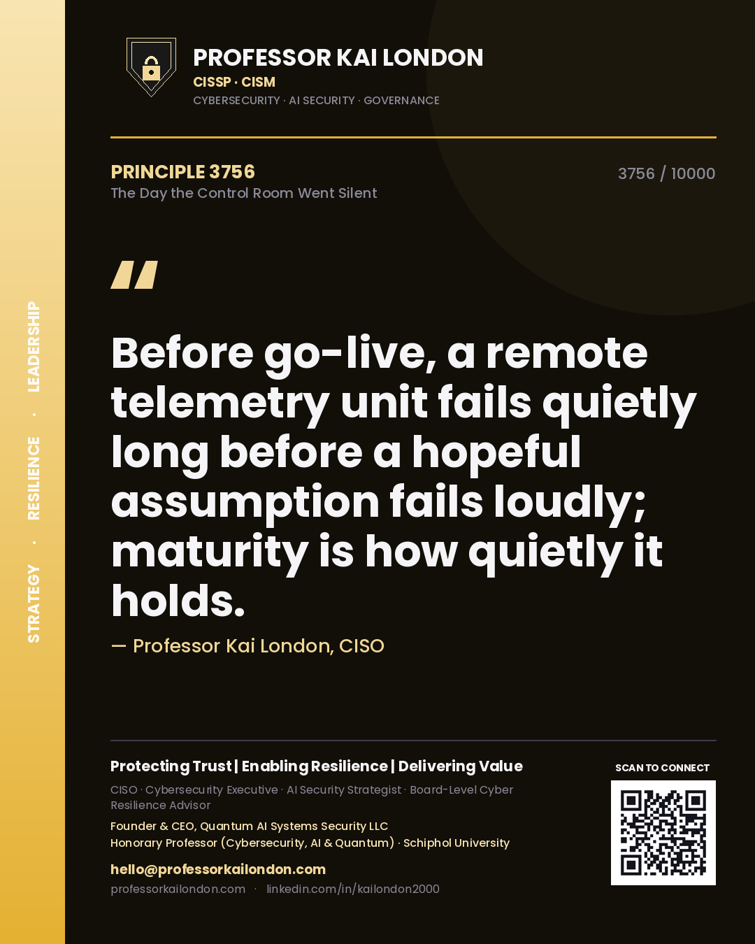 Quote card by Professor Kai London reading 'Before go-live, a remote telemetry unit fails quietly long before a hopeful assumption fails loudly; maturity is how quietly it holds.'. From the book The Day the Control Room Went Silent.