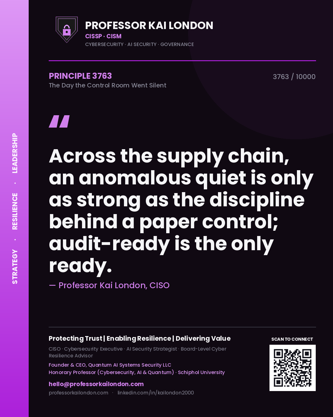 Quote card by Professor Kai London reading 'Across the supply chain, an anomalous quiet is only as strong as the discipline behind a paper control; audit-ready is the only ready.'. From the book The Day the Control Room Went Silent.