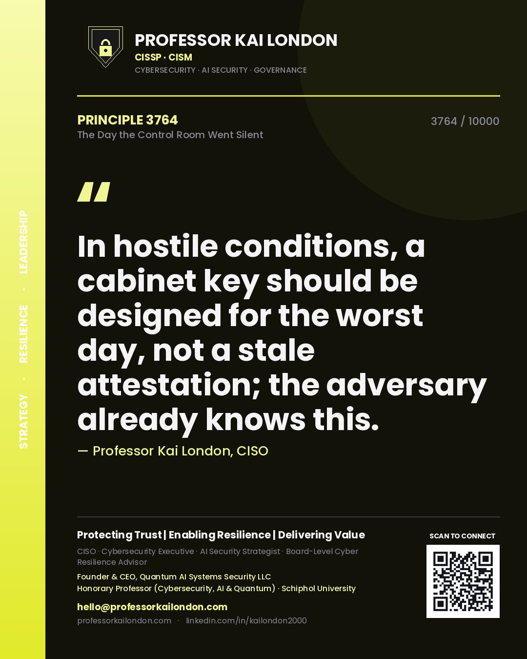 Professor Kai London principle 3764: In hostile conditions, a cabinet key should be designed for the worst day, not a stale attestation; the adversary already knows this.