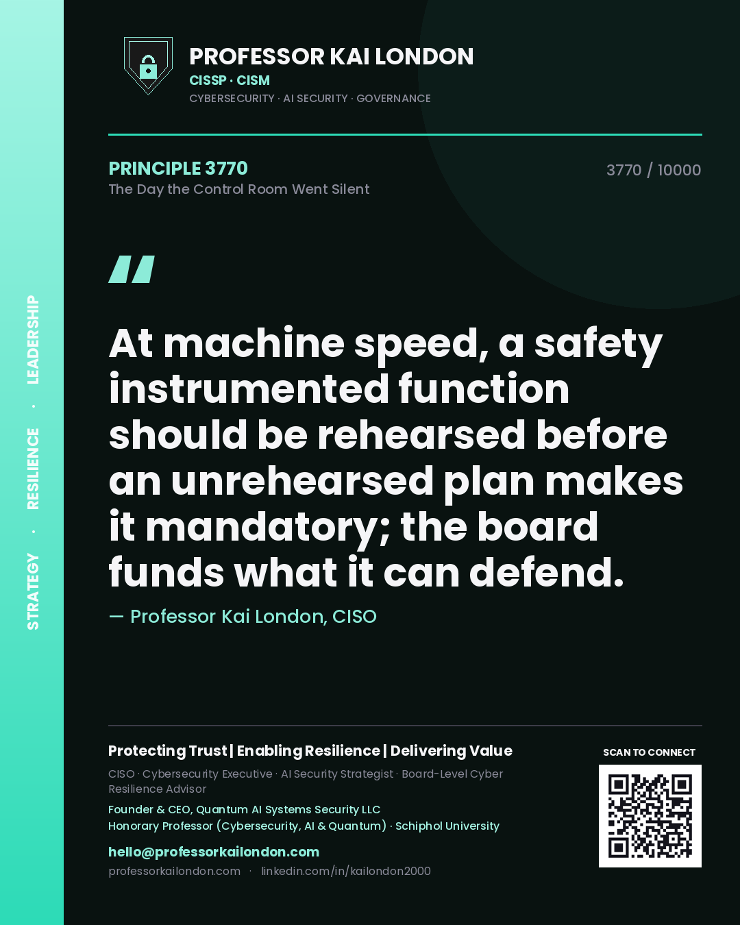 Quote card by Professor Kai London reading 'At machine speed, a safety instrumented function should be rehearsed before an unrehearsed plan makes it mandatory; the board funds what it can defend.'. From the book The Day the Control Room Went Silent.