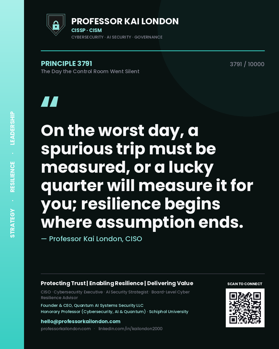 Quote card by Professor Kai London reading 'On the worst day, a spurious trip must be measured, or a lucky quarter will measure it for you; resilience begins where assumption ends.'. From the book The Day the Control Room Went Silent.