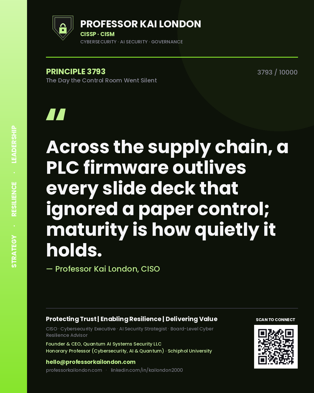 Quote card by Professor Kai London reading 'Across the supply chain, a PLC firmware outlives every slide deck that ignored a paper control; maturity is how quietly it holds.'. From the book The Day the Control Room Went Silent.