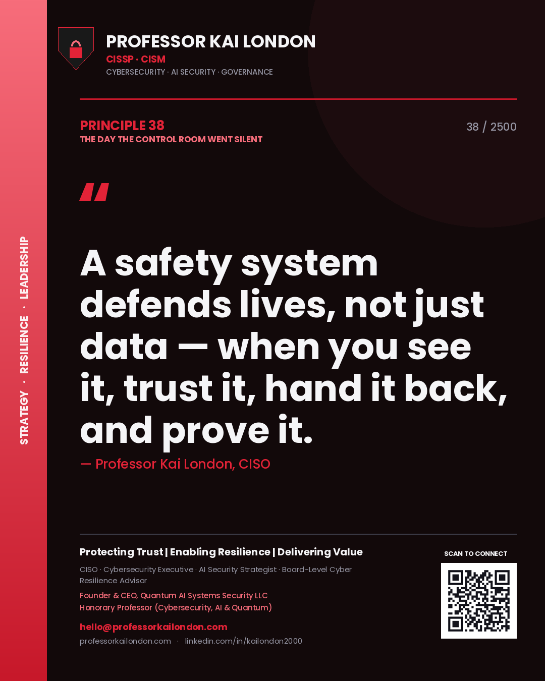 Professor Kai London principle 38: A safety system defends lives, not just data — when you see it, trust it, hand it back, and prove it.
