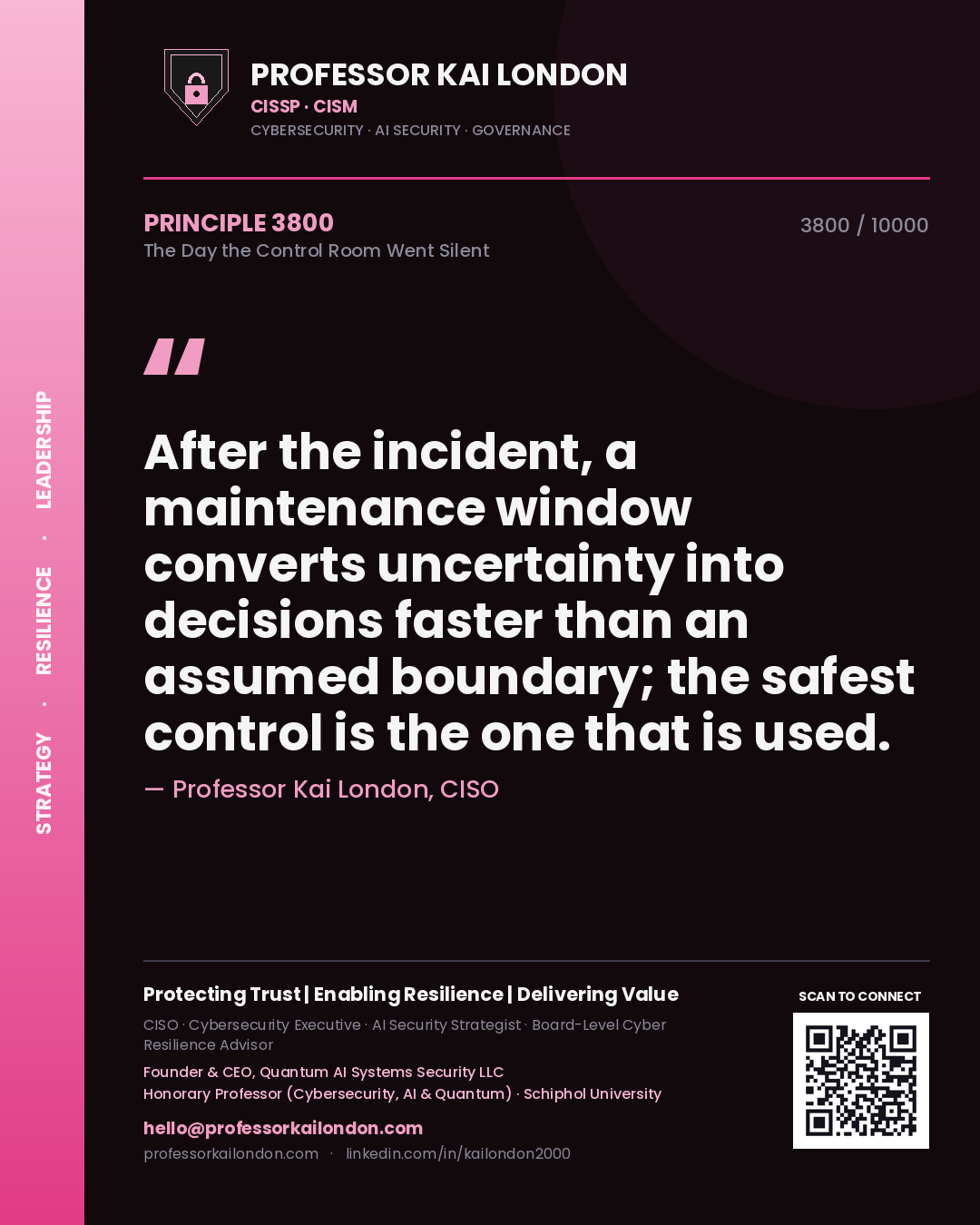 Quote card by Professor Kai London reading 'After the incident, a maintenance window converts uncertainty into decisions faster than an assumed boundary; the safest control is the one that is used.'. From the book The Day the Control Room Went Silent.