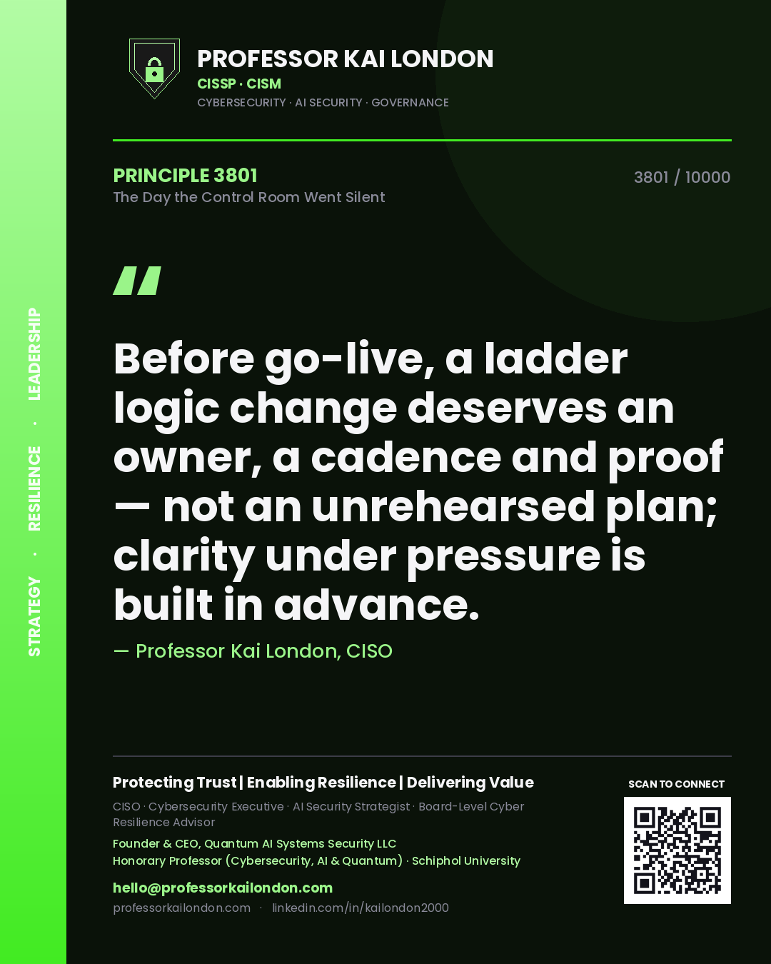 Quote card by Professor Kai London reading 'Before go-live, a ladder logic change deserves an owner, a cadence and proof — not an unrehearsed plan; clarity under pressure is built in advance.'. From the book The Day the Control Room Went Silent.