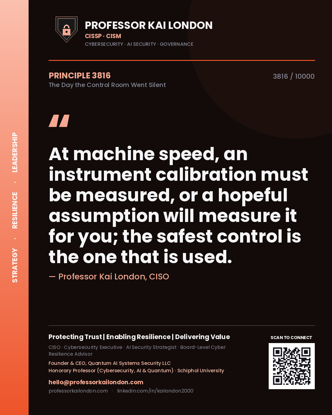 Quote card by Professor Kai London reading 'At machine speed, an instrument calibration must be measured, or a hopeful assumption will measure it for you; the safest control is the one that is used.'. From the book The Day the Control Room Went Silent.