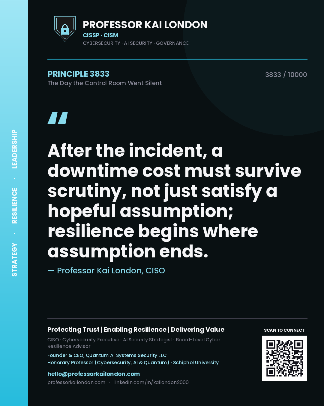 Quote card by Professor Kai London reading 'After the incident, a downtime cost must survive scrutiny, not just satisfy a hopeful assumption; resilience begins where assumption ends.'. From the book The Day the Control Room Went Silent.