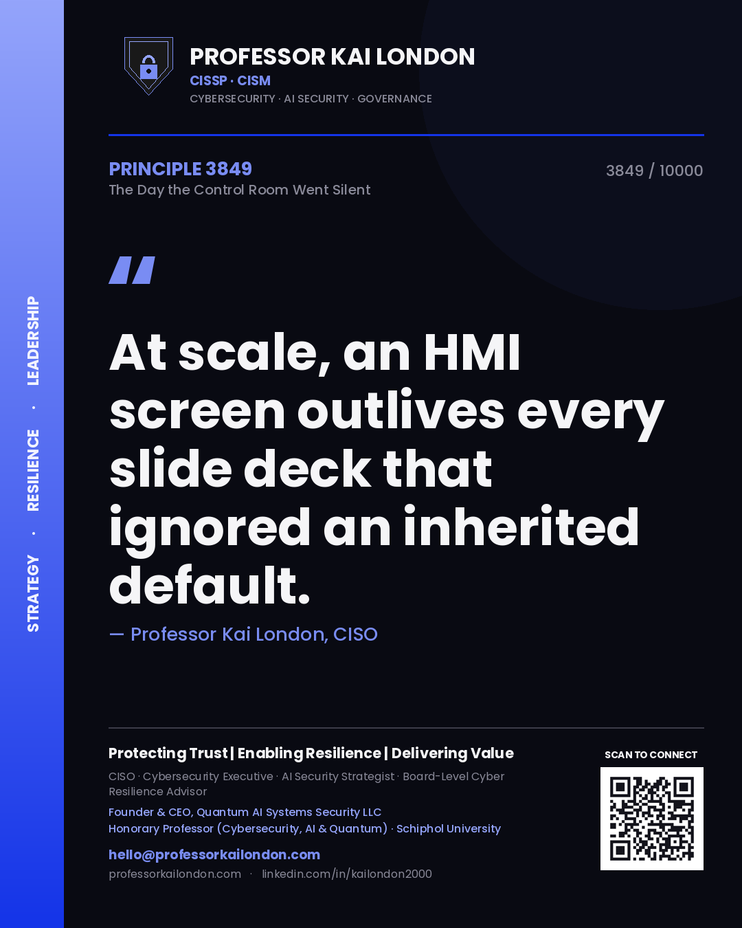 Quote card by Professor Kai London reading 'At scale, an HMI screen outlives every slide deck that ignored an inherited default.'. From the book The Day the Control Room Went Silent.