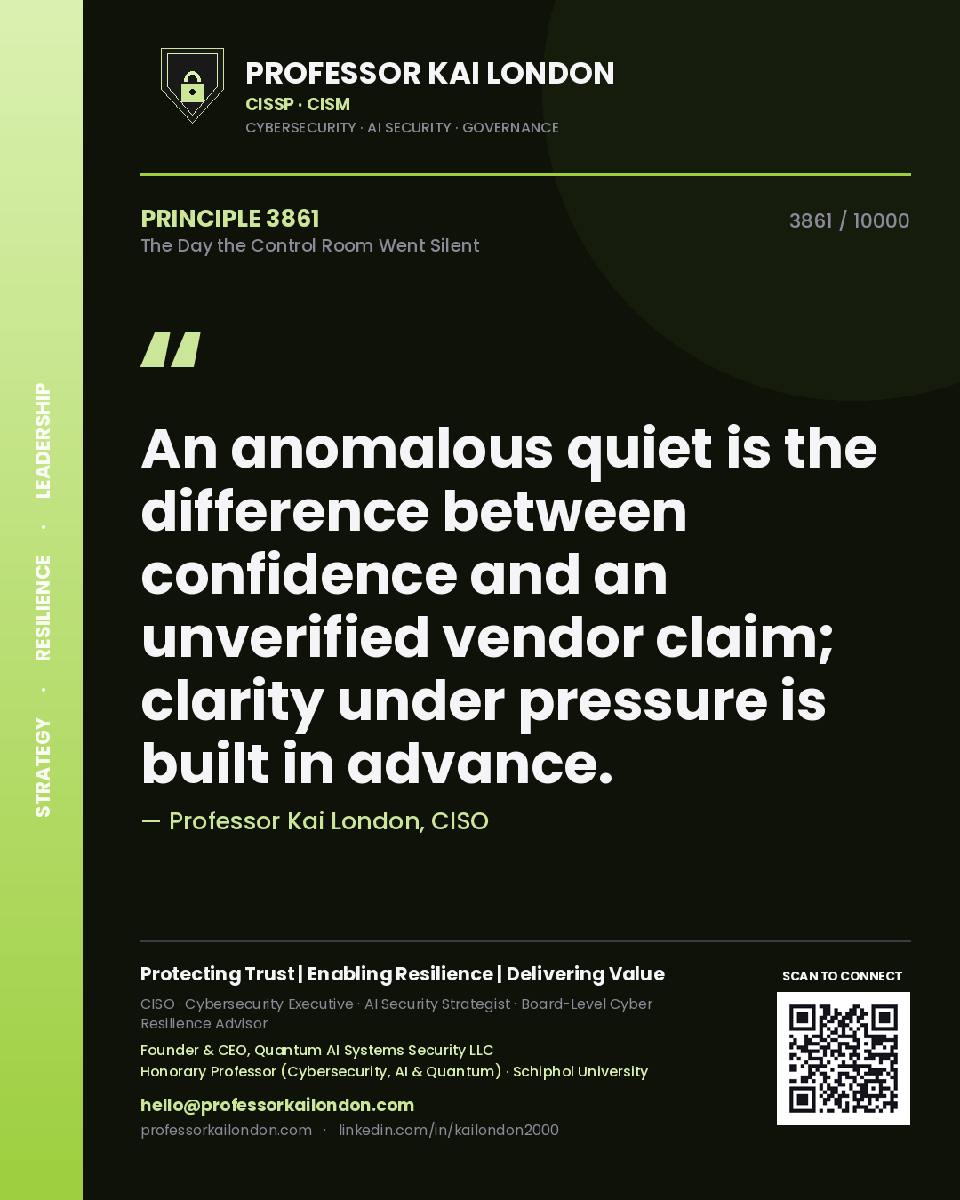 Quote card by Professor Kai London reading 'An anomalous quiet is the difference between confidence and an unverified vendor claim; clarity under pressure is built in advance.'. From the book The Day the Control Room Went Silent.