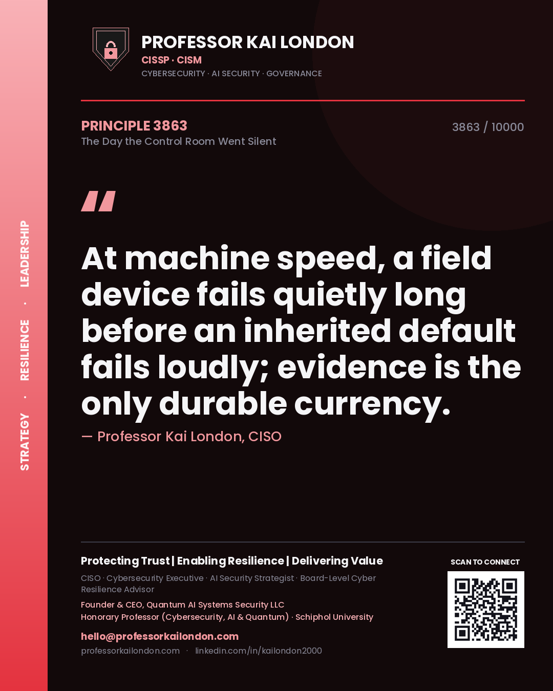 Quote card by Professor Kai London reading 'At machine speed, a field device fails quietly long before an inherited default fails loudly; evidence is the only durable currency.'. From the book The Day the Control Room Went Silent.