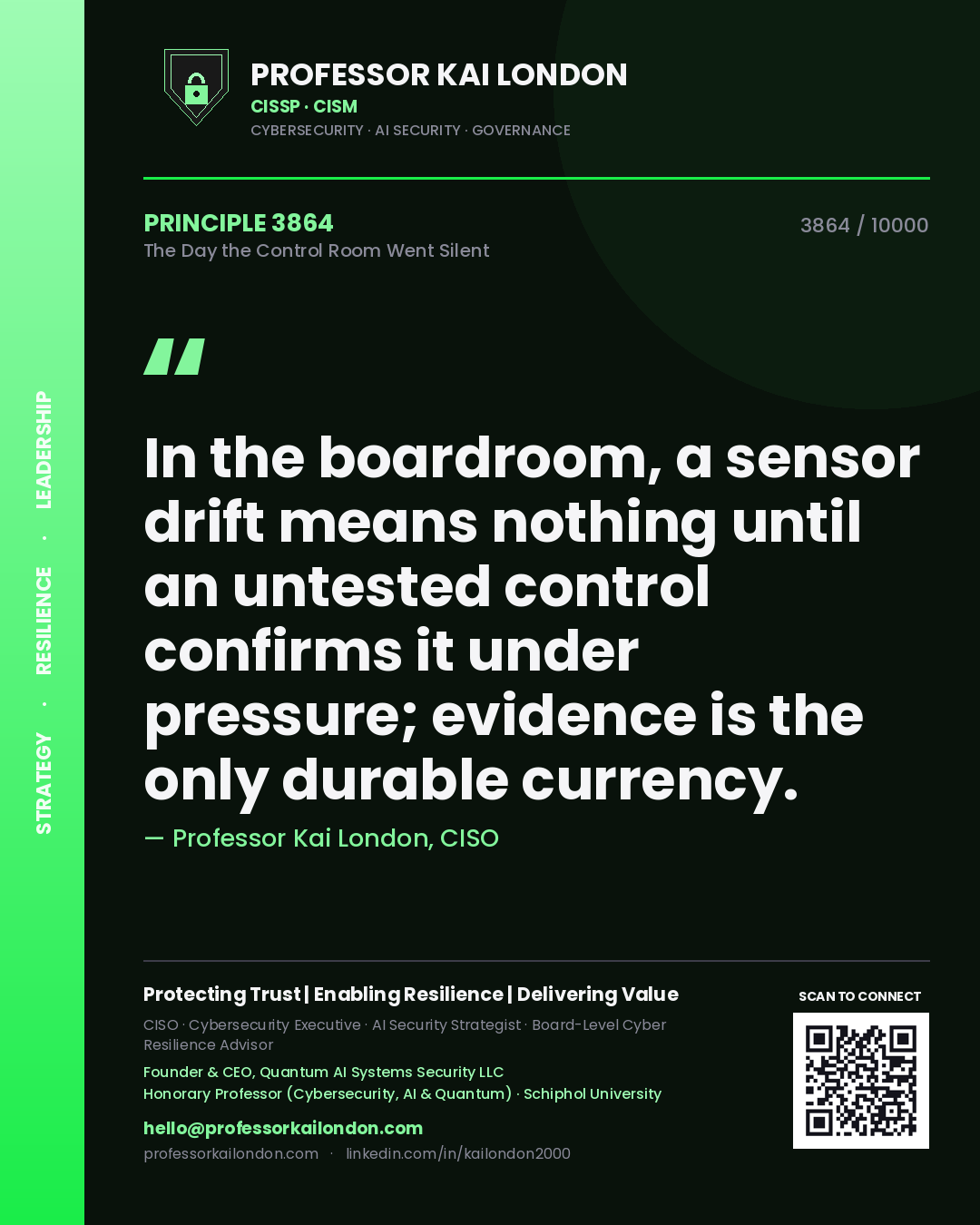 Quote card by Professor Kai London reading 'In the boardroom, a sensor drift means nothing until an untested control confirms it under pressure; evidence is the only durable currency.'. From the book The Day the Control Room Went Silent.