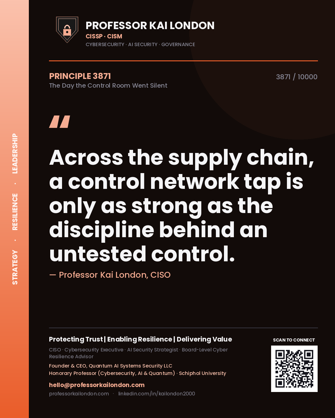 Quote card by Professor Kai London reading 'Across the supply chain, a control network tap is only as strong as the discipline behind an untested control.'. From the book The Day the Control Room Went Silent.