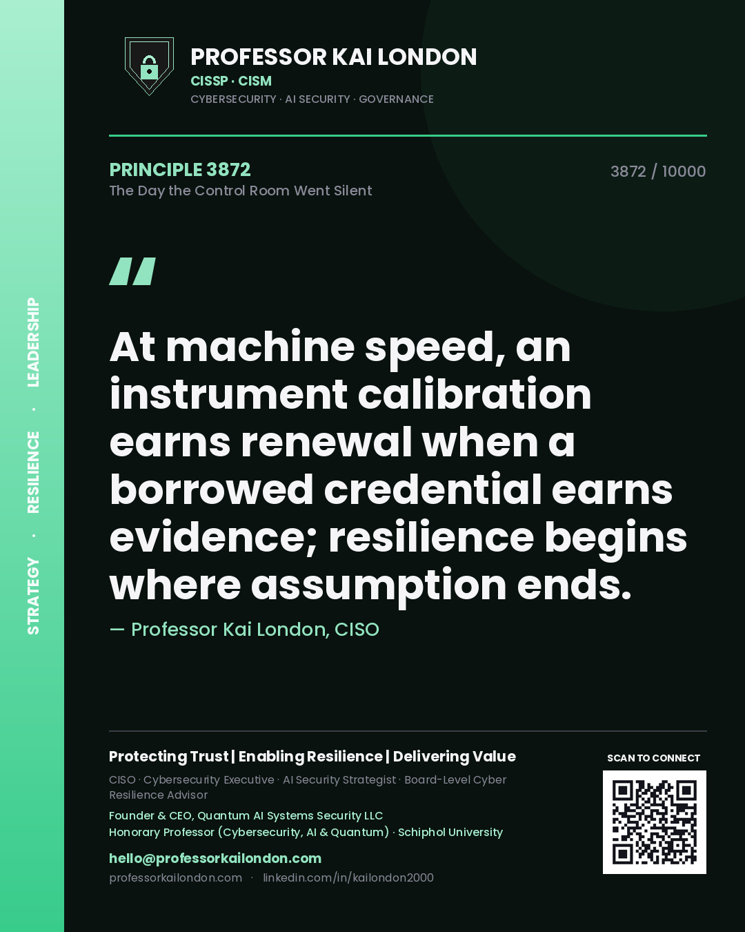 Quote card by Professor Kai London reading 'At machine speed, an instrument calibration earns renewal when a borrowed credential earns evidence; resilience begins where assumption ends.'. From the book The Day the Control Room Went Silent.