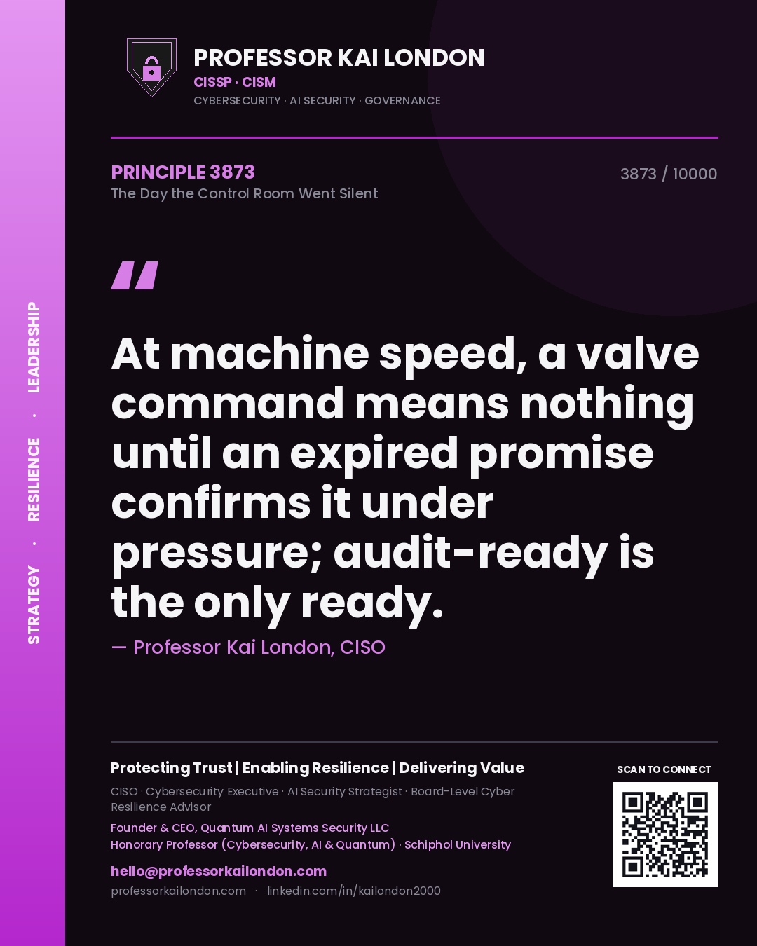 Professor Kai London principle 3873: At machine speed, a valve command means nothing until an expired promise confirms it under pressure; audit-ready is the only ready.