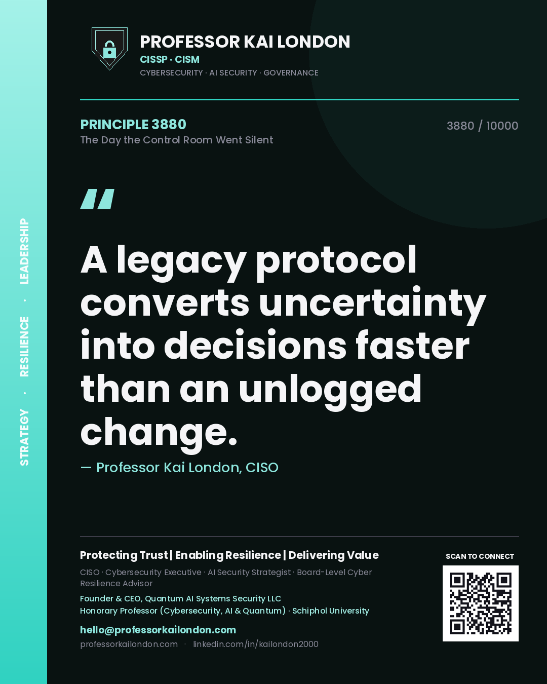 Quote card by Professor Kai London reading 'A legacy protocol converts uncertainty into decisions faster than an unlogged change.'. From the book The Day the Control Room Went Silent.
