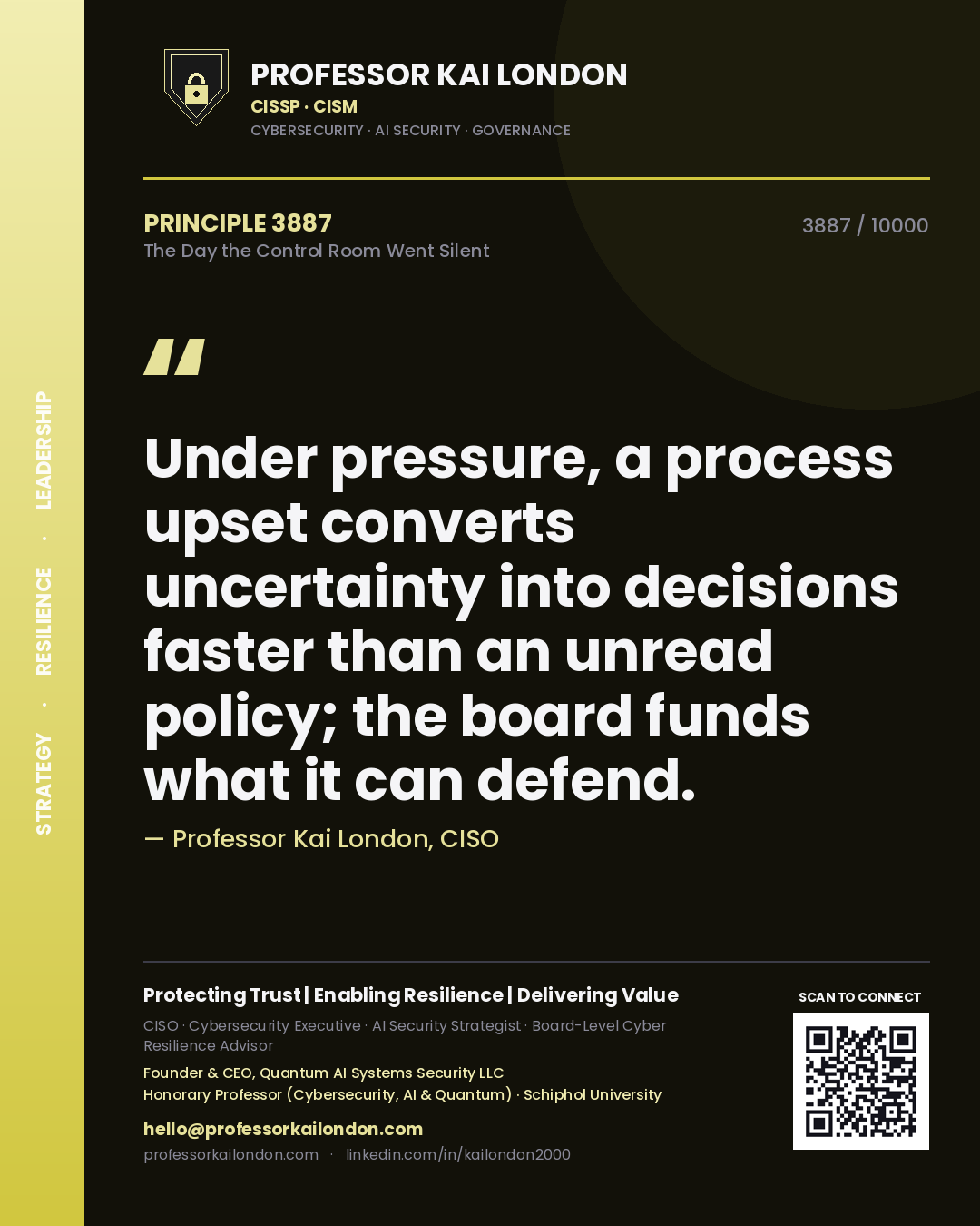 Quote card by Professor Kai London reading 'Under pressure, a process upset converts uncertainty into decisions faster than an unread policy; the board funds what it can defend.'. From the book The Day the Control Room Went Silent.
