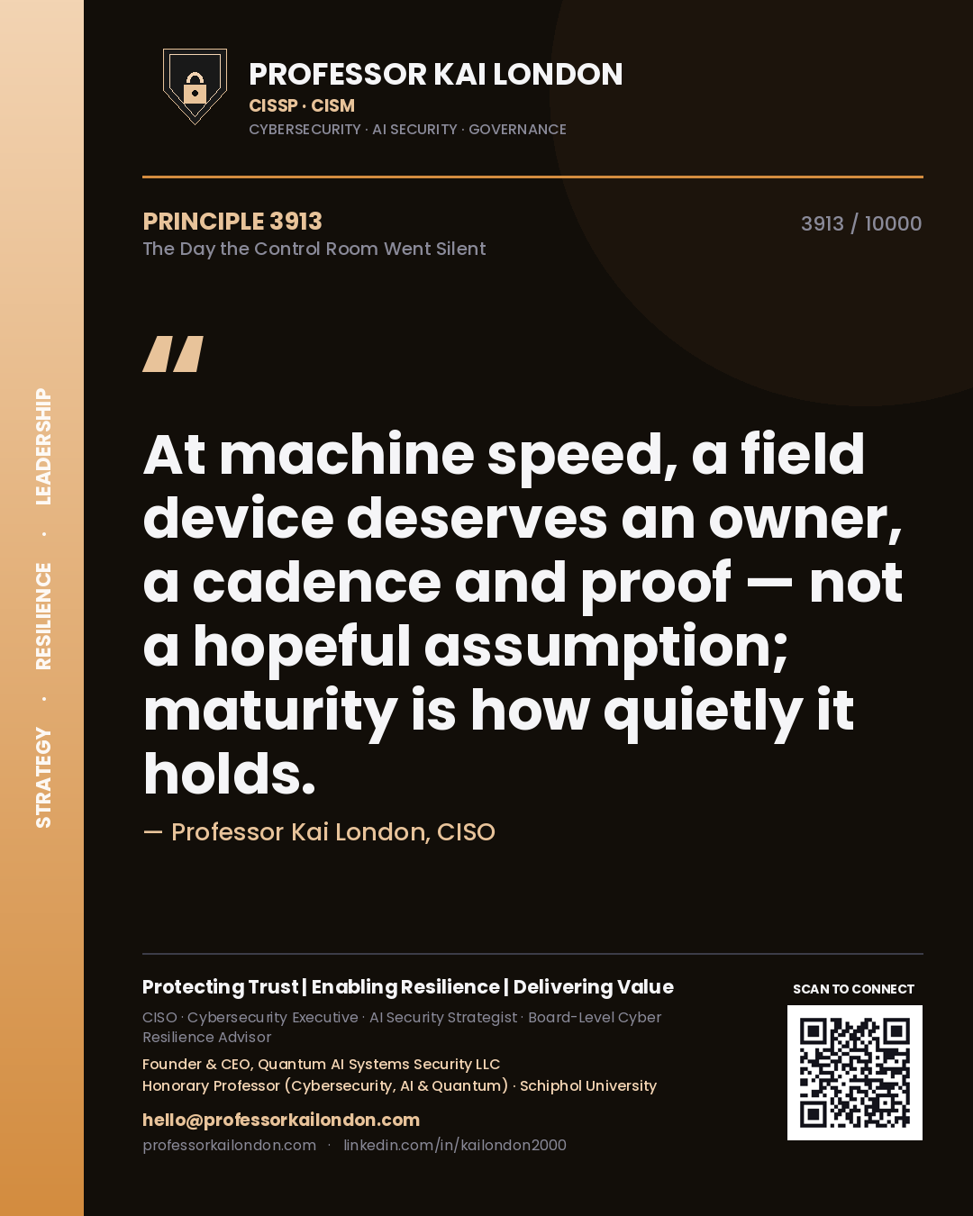 Professor Kai London principle 3913: At machine speed, a field device deserves an owner, a cadence and proof — not a hopeful assumption; maturity is how quietly it holds.