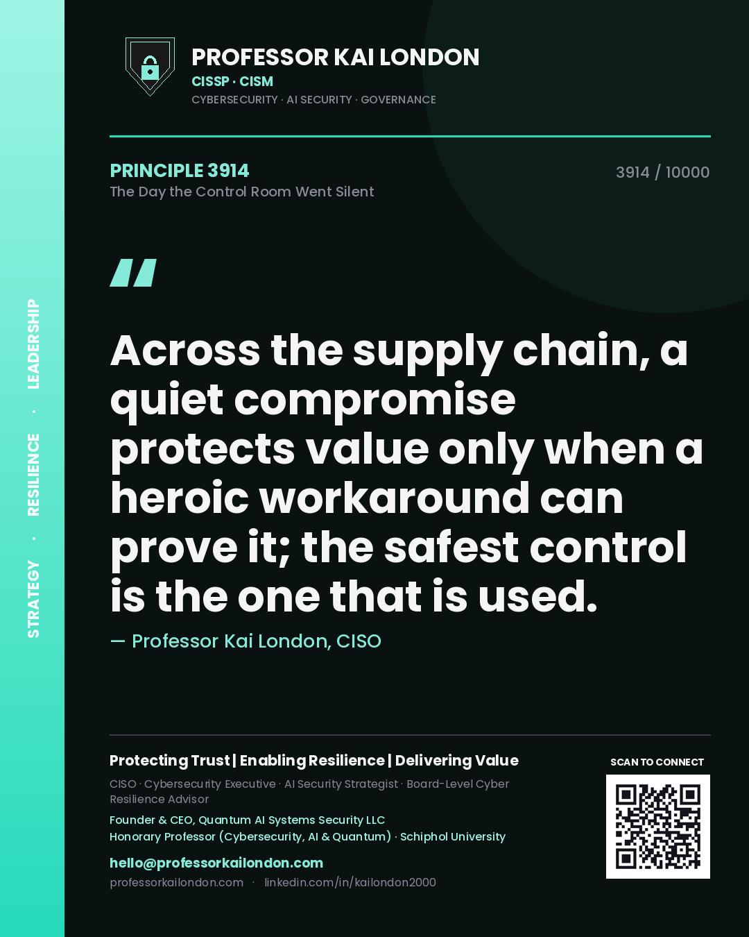 Quote card by Professor Kai London reading 'Across the supply chain, a quiet compromise protects value only when a heroic workaround can prove it; the safest control is the one that is used.'. From the book The Day the Control Room Went Silent.