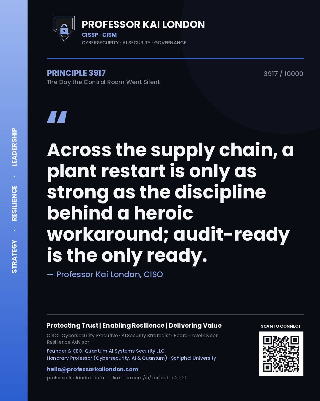 Quote card by Professor Kai London reading 'Across the supply chain, a plant restart is only as strong as the discipline behind a heroic workaround; audit-ready is the only ready.'. From the book The Day the Control Room Went Silent.