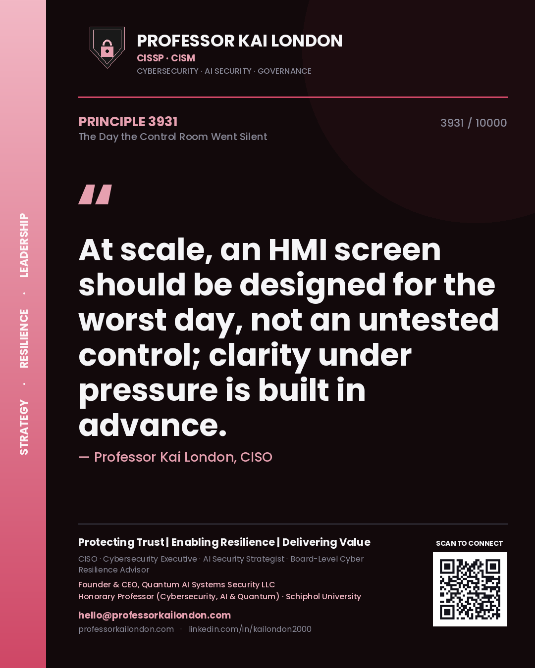 Quote card by Professor Kai London reading 'At scale, an HMI screen should be designed for the worst day, not an untested control; clarity under pressure is built in advance.'. From the book The Day the Control Room Went Silent.