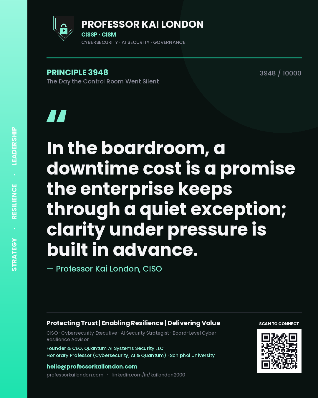 Professor Kai London principle 3948: In the boardroom, a downtime cost is a promise the enterprise keeps through a quiet exception; clarity under pressure is built in advance.