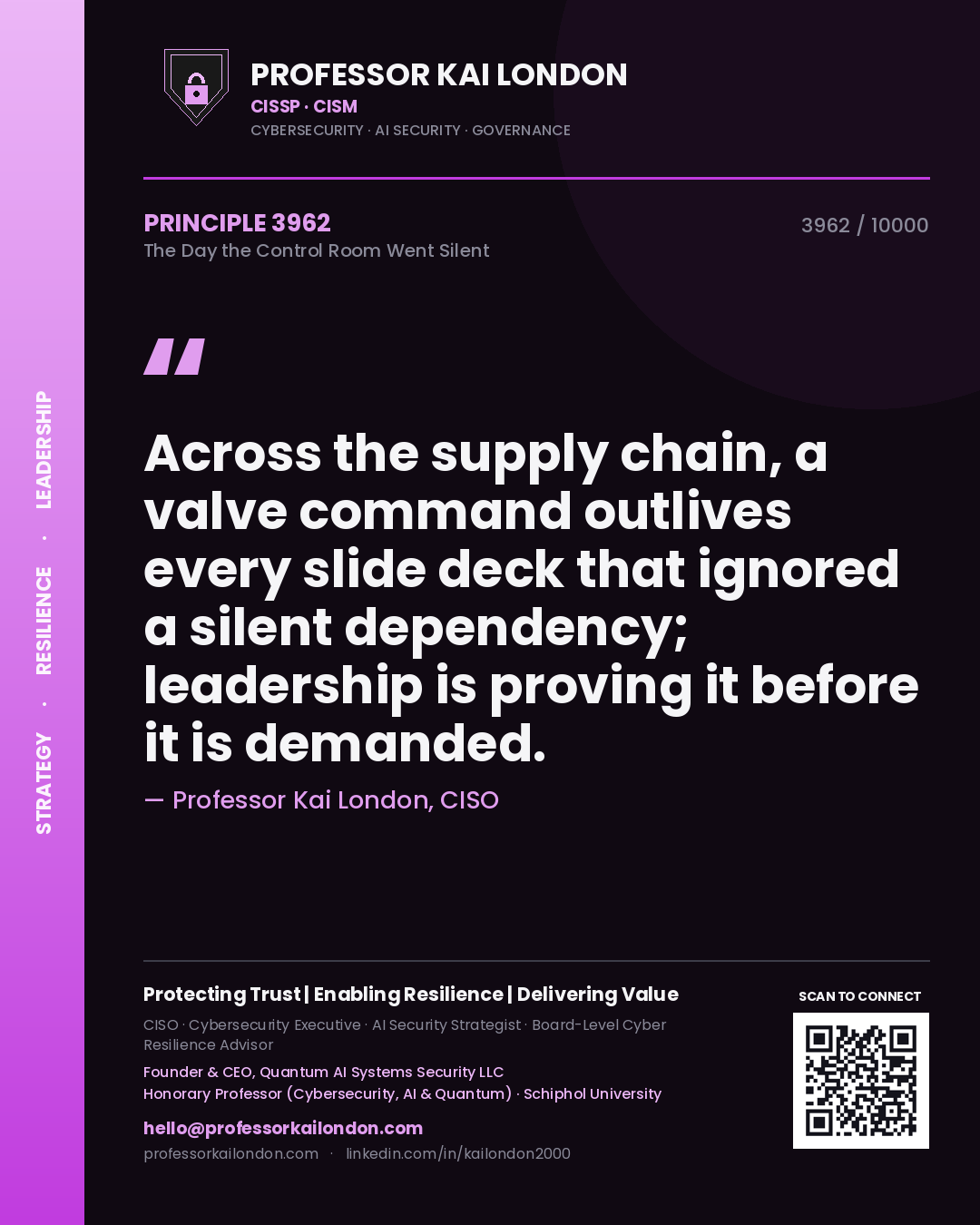 Quote card by Professor Kai London reading 'Across the supply chain, a valve command outlives every slide deck that ignored a silent dependency; leadership is proving it before it is demanded.'. From the book The Day the Control Room Went Silent.