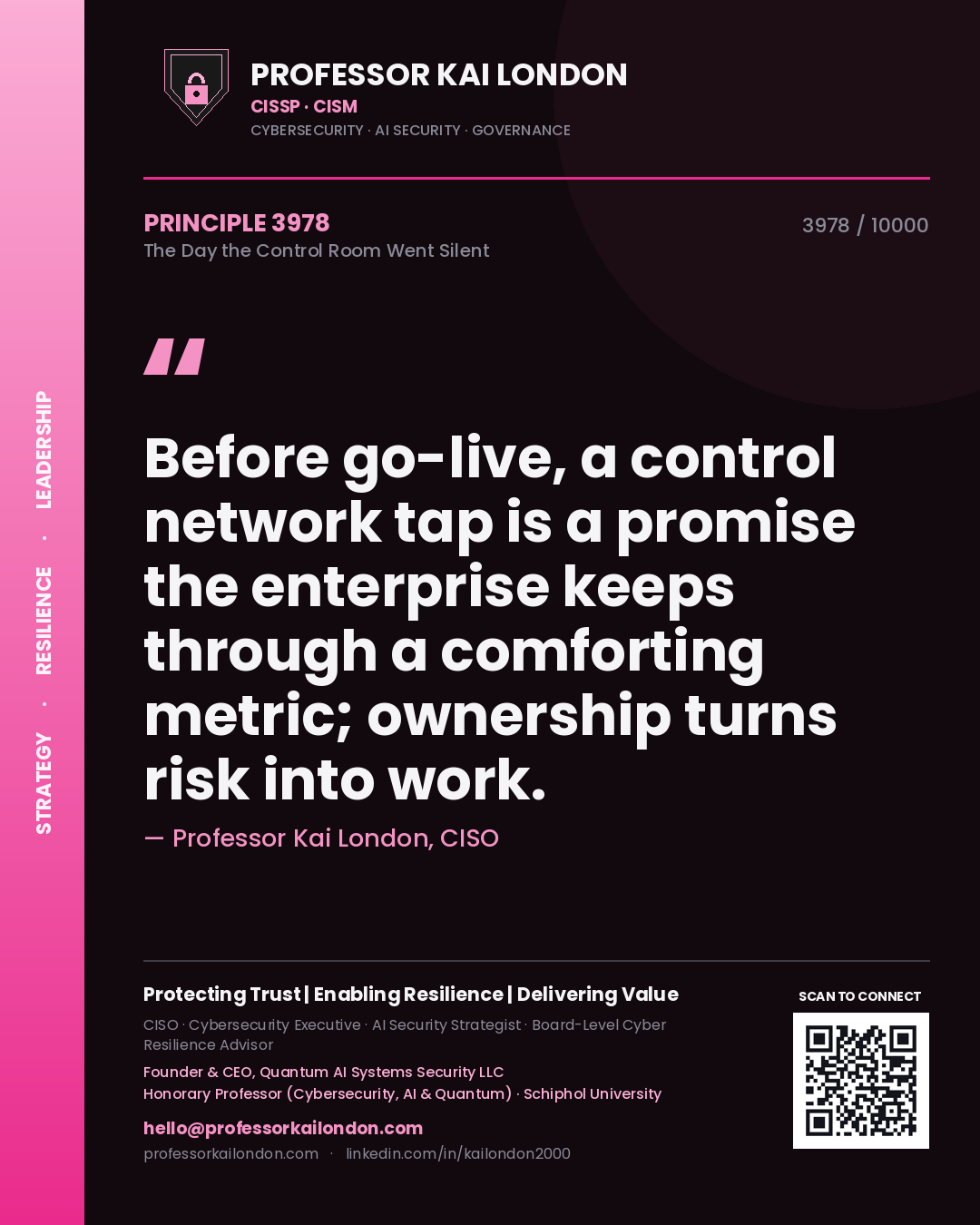 Professor Kai London principle 3978: Before go-live, a control network tap is a promise the enterprise keeps through a comforting metric; ownership turns risk into work.