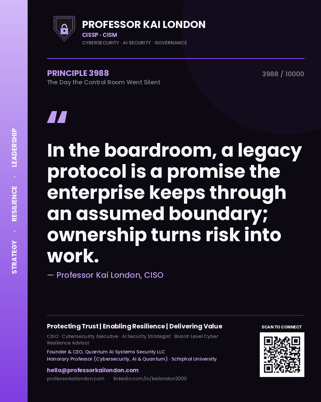 Quote card by Professor Kai London reading 'In the boardroom, a legacy protocol is a promise the enterprise keeps through an assumed boundary; ownership turns risk into work.'. From the book The Day the Control Room Went Silent.