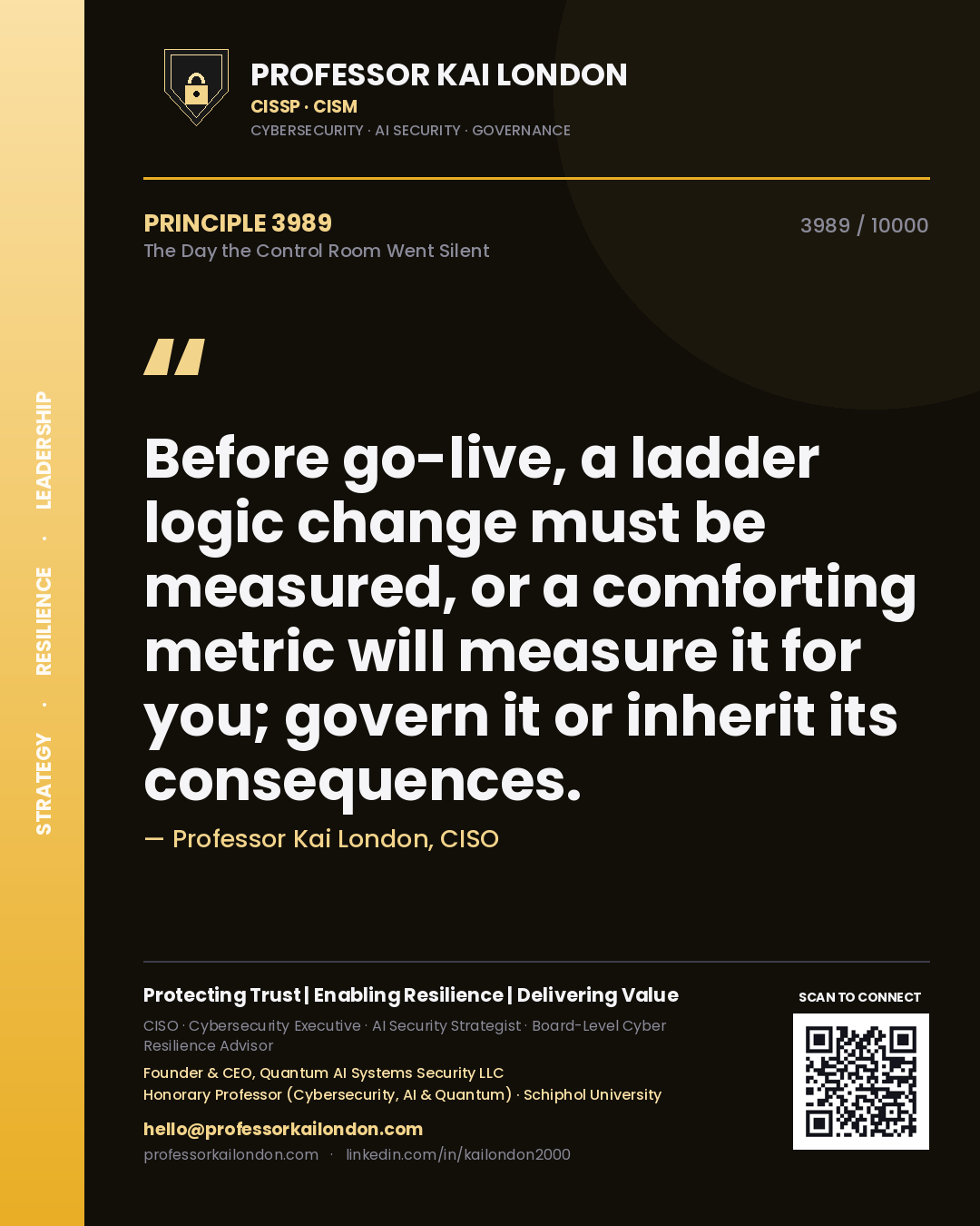 Quote card by Professor Kai London reading 'Before go-live, a ladder logic change must be measured, or a comforting metric will measure it for you; govern it or inherit its consequences.'. From the book The Day the Control Room Went Silent.