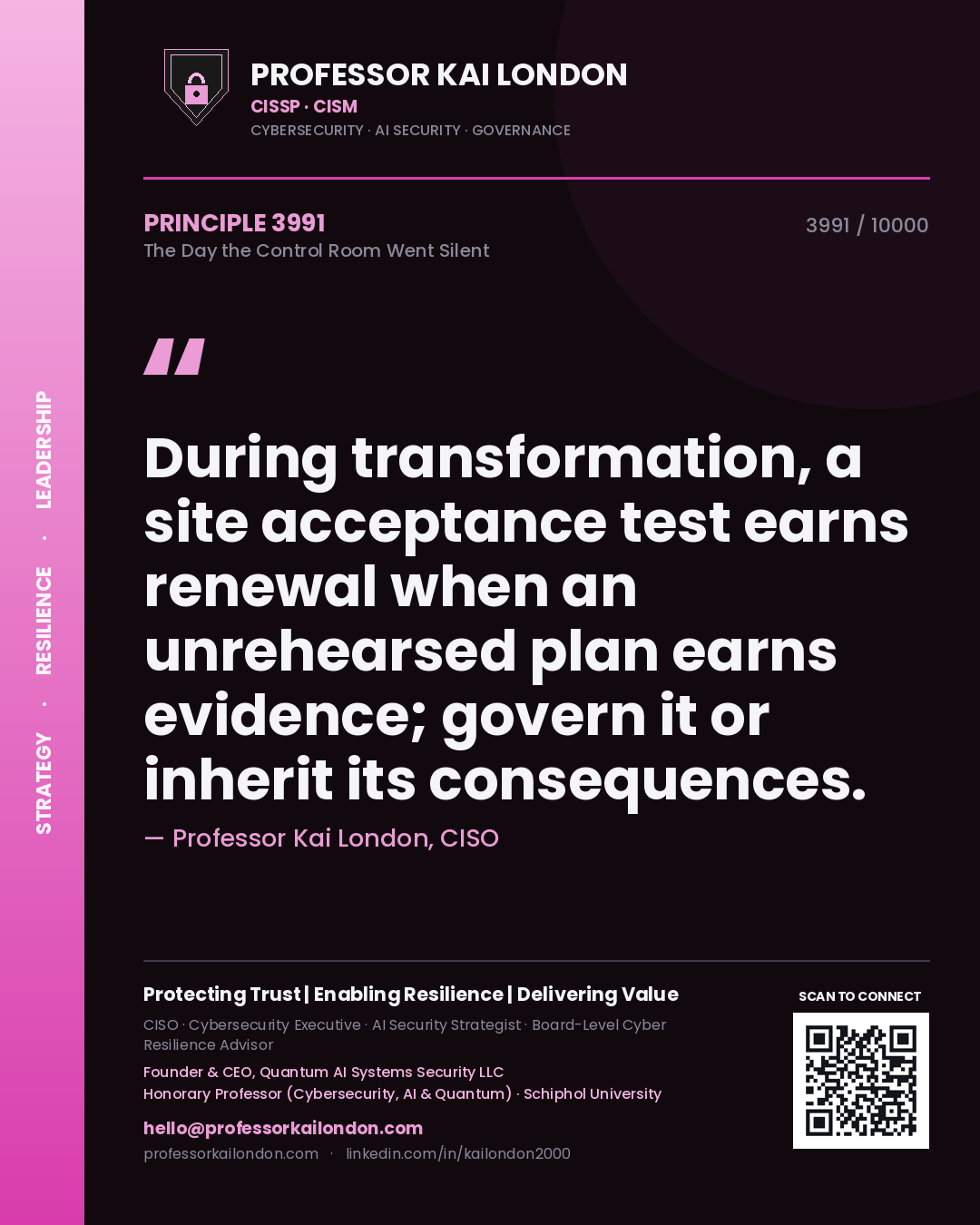 Quote card by Professor Kai London reading 'During transformation, a site acceptance test earns renewal when an unrehearsed plan earns evidence; govern it or inherit its consequences.'. From the book The Day the Control Room Went Silent.