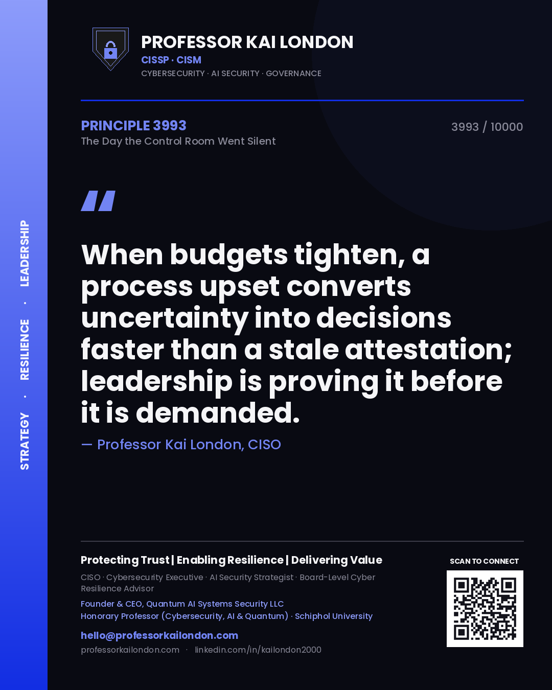 Quote card by Professor Kai London reading 'When budgets tighten, a process upset converts uncertainty into decisions faster than a stale attestation; leadership is proving it before it is demanded.'. From the book The Day the Control Room Went Silent.