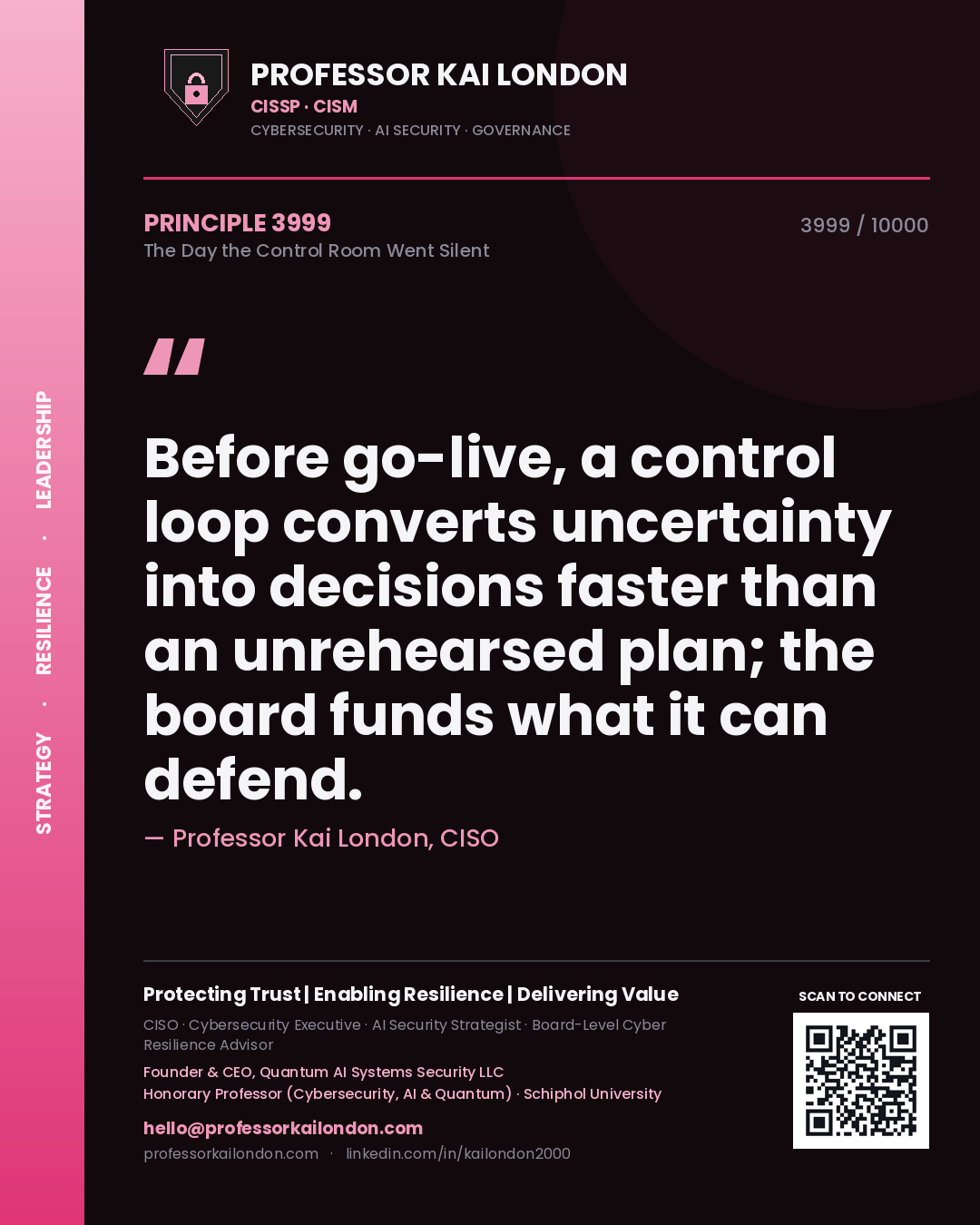 Professor Kai London principle 3999: Before go-live, a control loop converts uncertainty into decisions faster than an unrehearsed plan; the board funds what it can defend.
