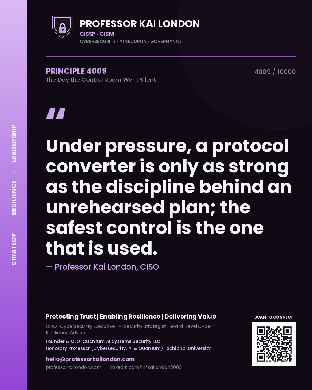 Professor Kai London principle 4009: Under pressure, a protocol converter is only as strong as the discipline behind an unrehearsed plan; the safest control is the one that is used.