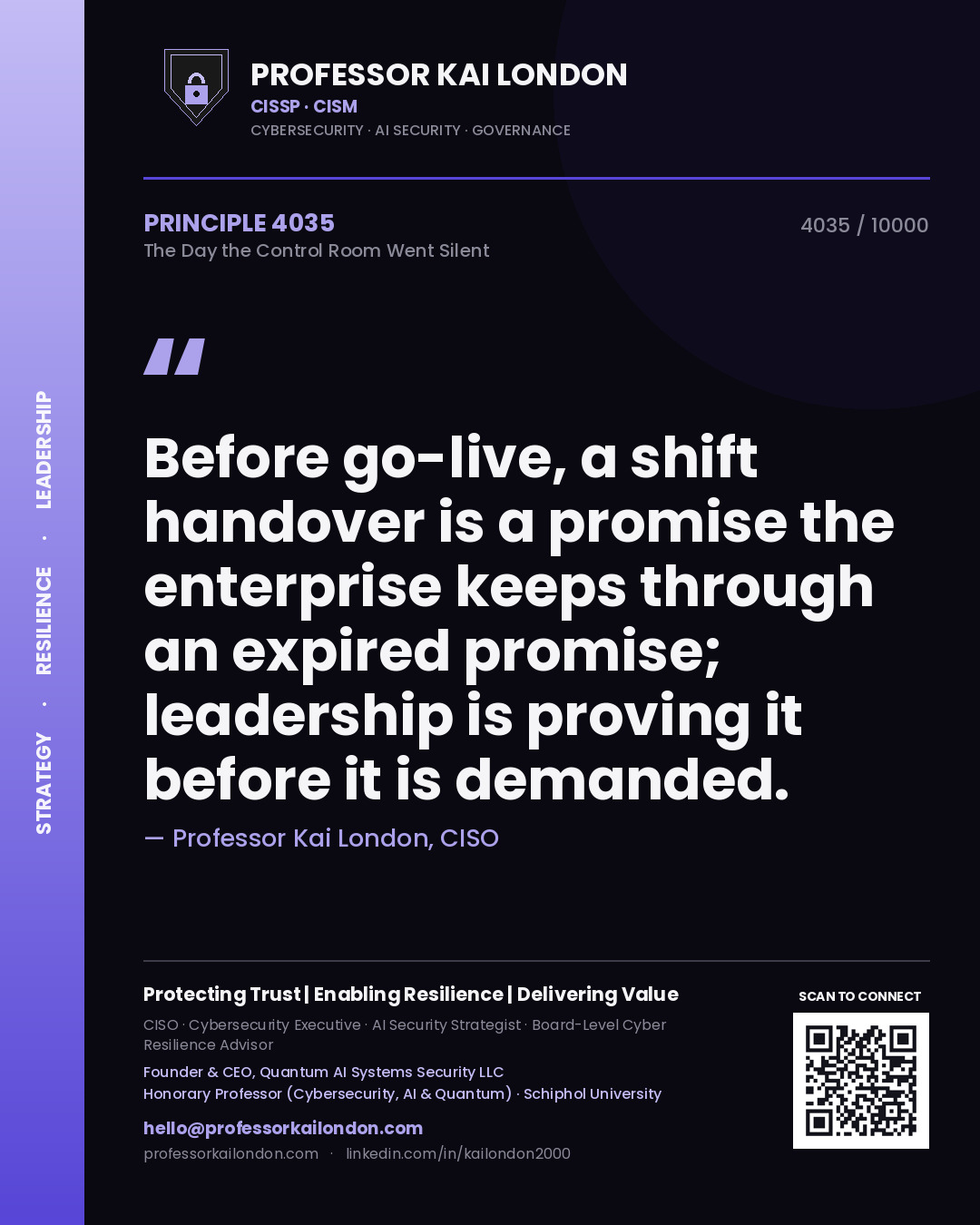 Quote card by Professor Kai London reading 'Before go-live, a shift handover is a promise the enterprise keeps through an expired promise; leadership is proving it before it is demanded.'. From the book The Day the Control Room Went Silent.