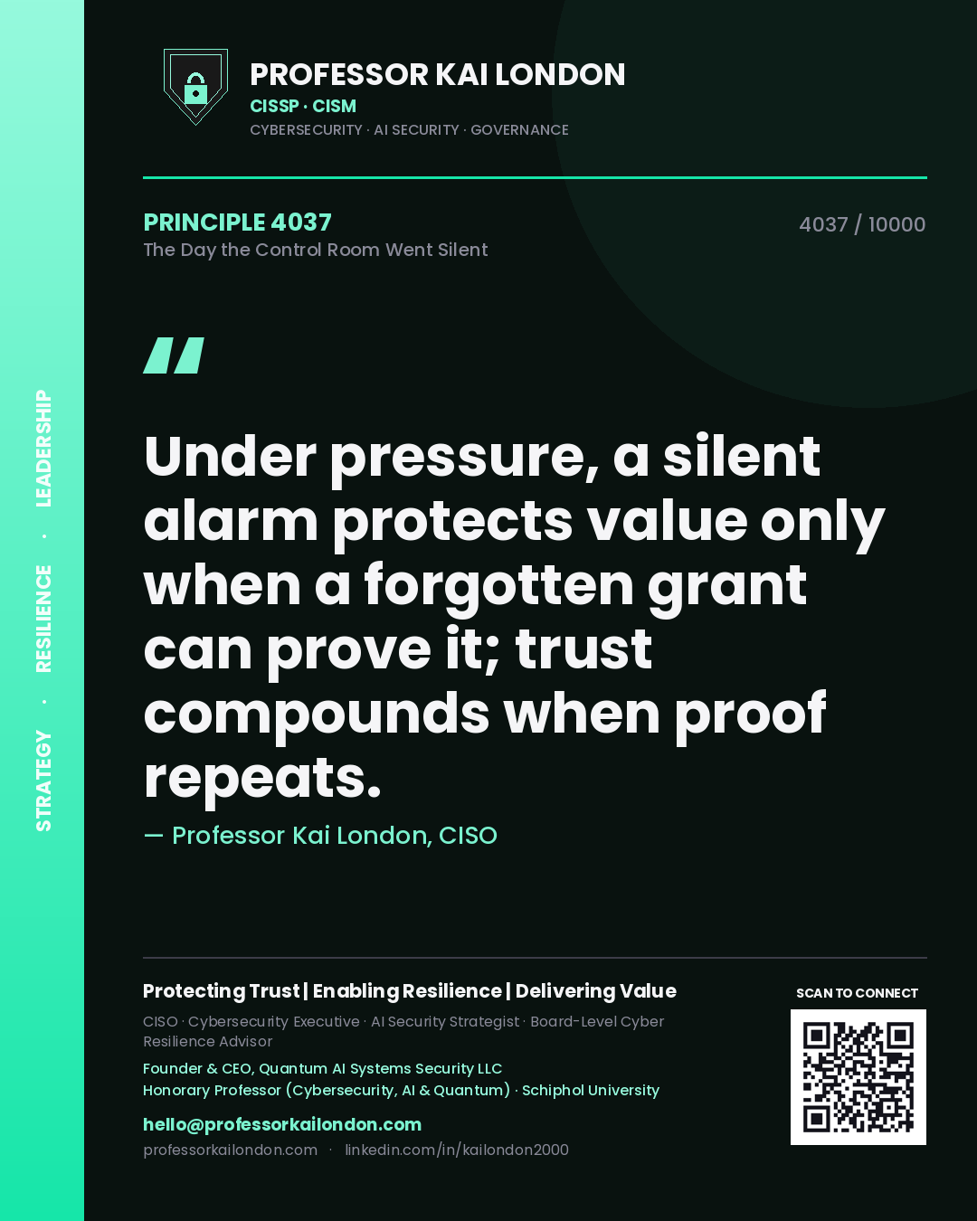 Quote card by Professor Kai London reading 'Under pressure, a silent alarm protects value only when a forgotten grant can prove it; trust compounds when proof repeats.'. From the book The Day the Control Room Went Silent.