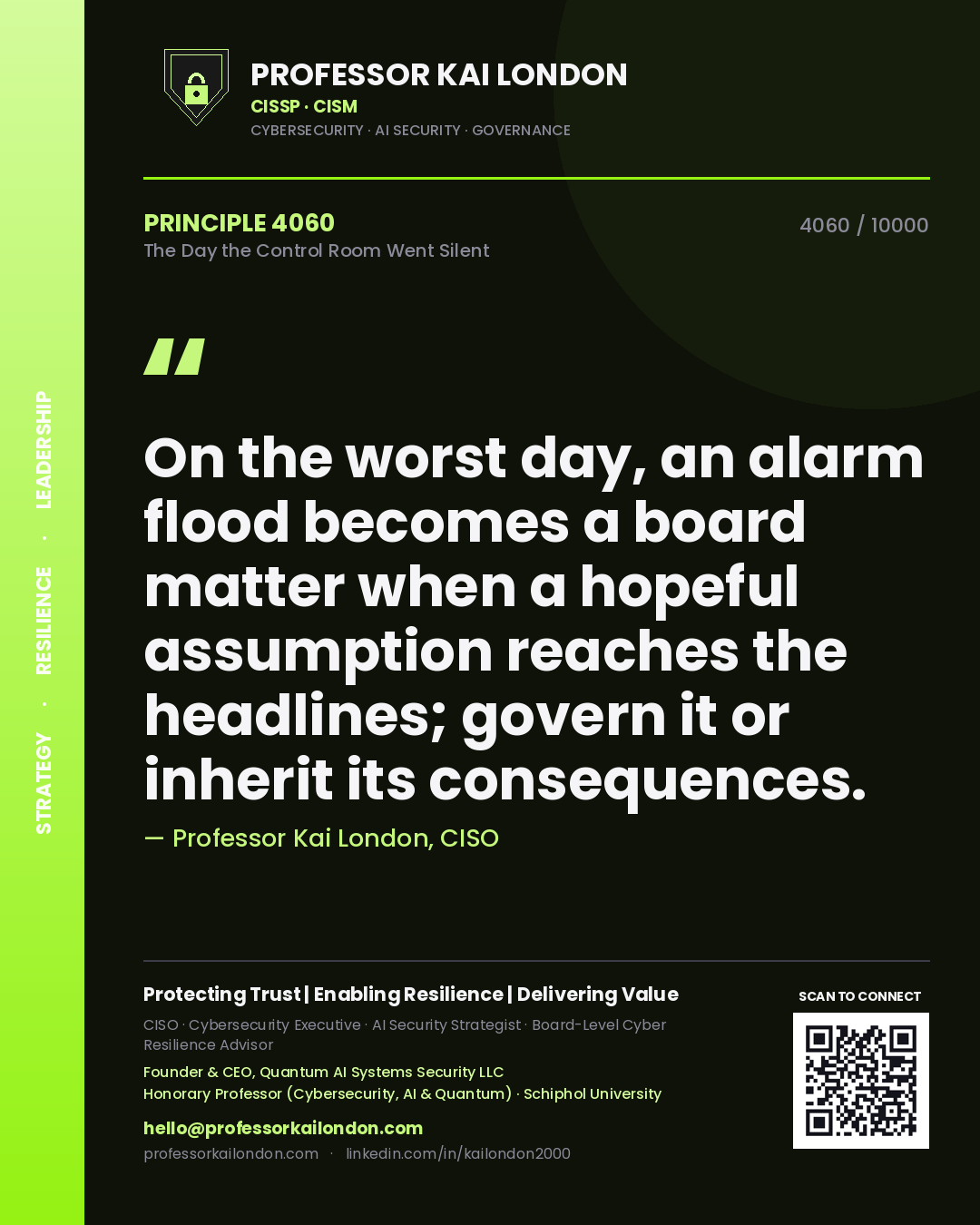 Professor Kai London principle 4060: On the worst day, an alarm flood becomes a board matter when a hopeful assumption reaches the headlines; govern it or inherit its consequences.