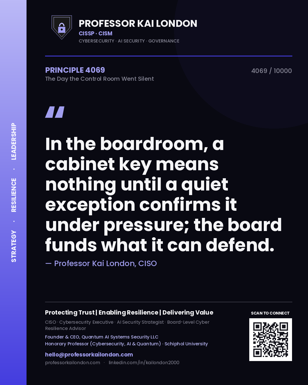 Quote card by Professor Kai London reading 'In the boardroom, a cabinet key means nothing until a quiet exception confirms it under pressure; the board funds what it can defend.'. From the book The Day the Control Room Went Silent.