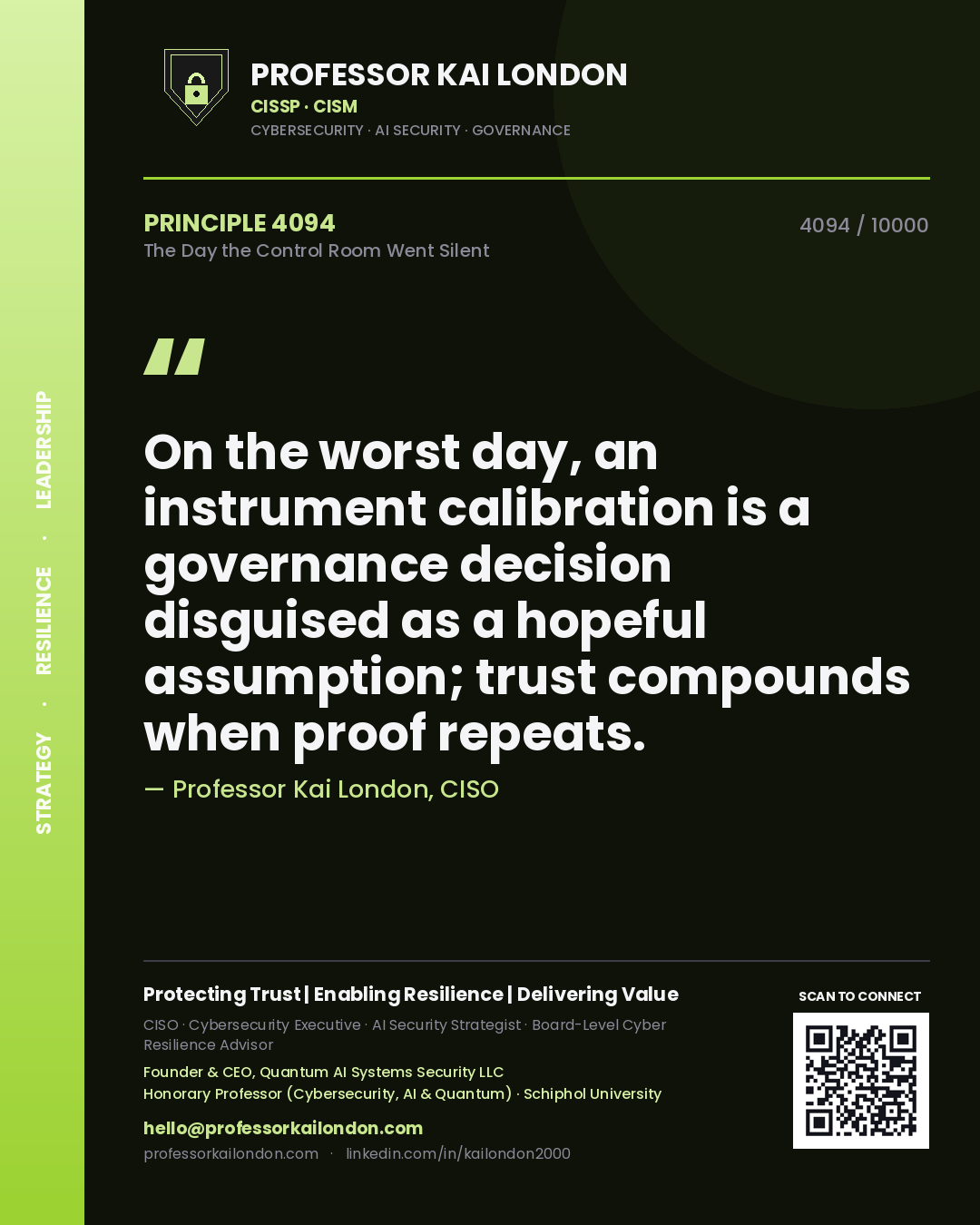 Quote card by Professor Kai London reading 'On the worst day, an instrument calibration is a governance decision disguised as a hopeful assumption; trust compounds when proof repeats.'. From the book The Day the Control Room Went Silent.