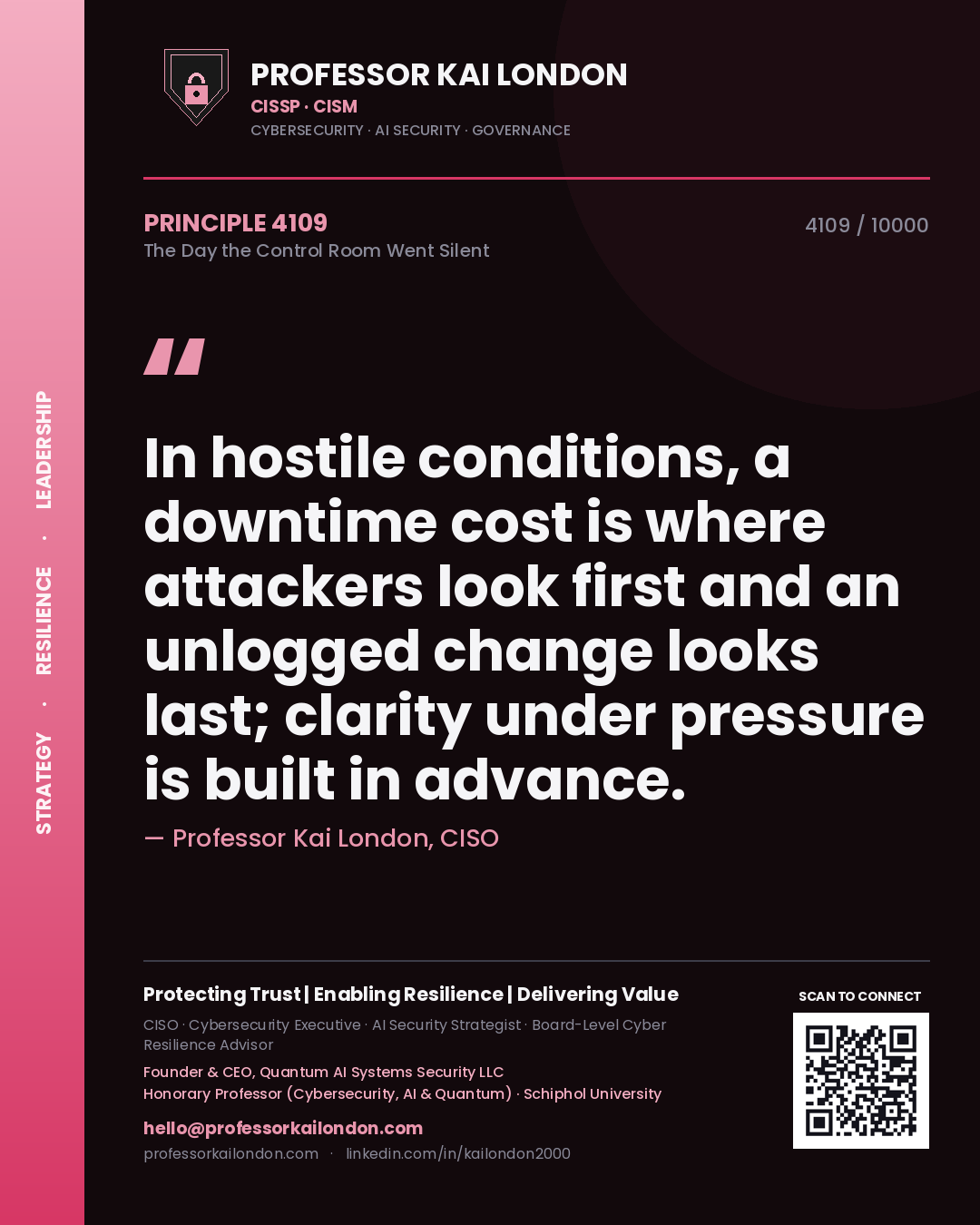 Quote card by Professor Kai London reading 'In hostile conditions, a downtime cost is where attackers look first and an unlogged change looks last; clarity under pressure is built in advance.'. From the book The Day the Control Room Went Silent.