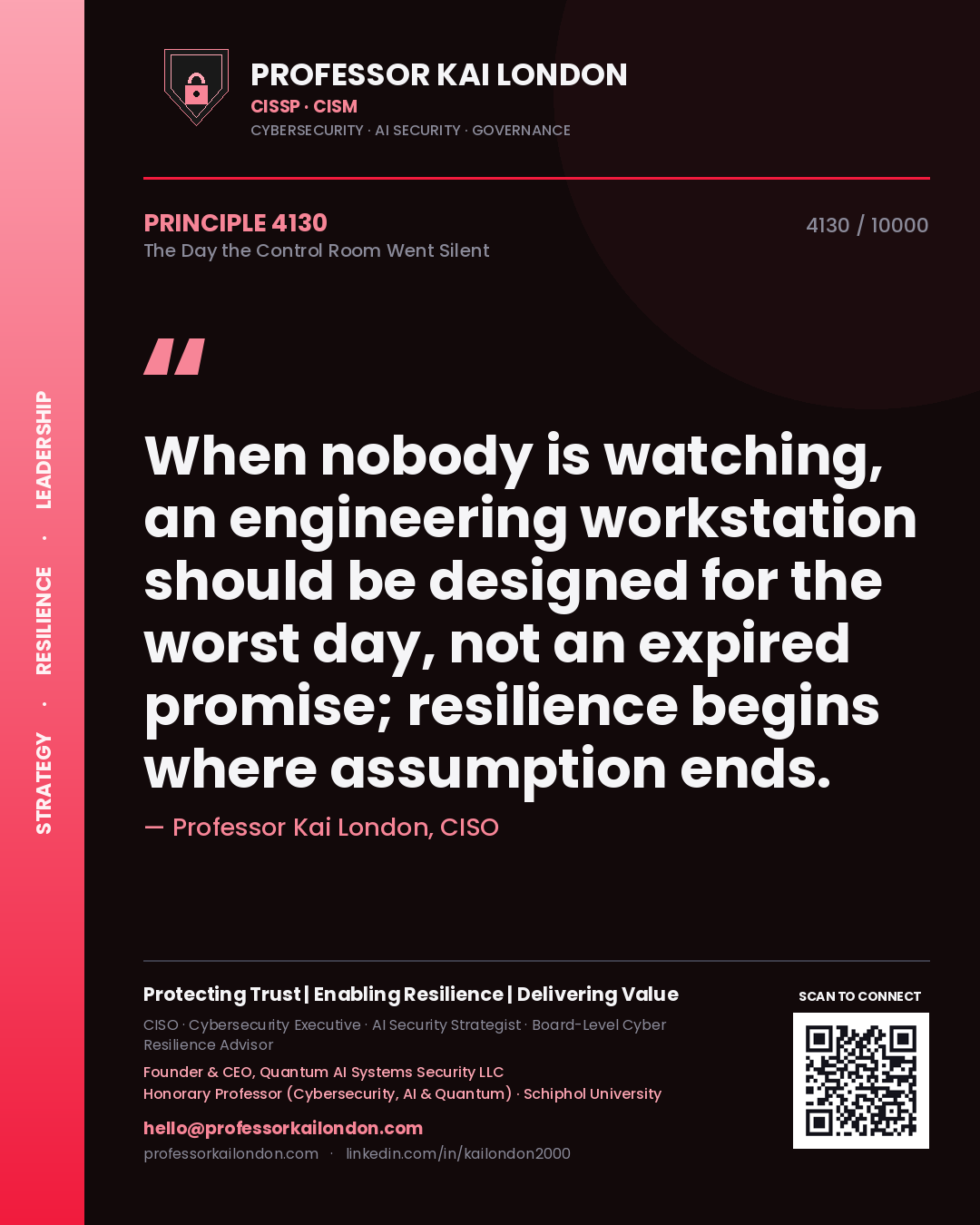 Quote card by Professor Kai London reading 'When nobody is watching, an engineering workstation should be designed for the worst day, not an expired promise; resilience begins where assumption ends.'. From the book The Day the Control Room Went Silent.